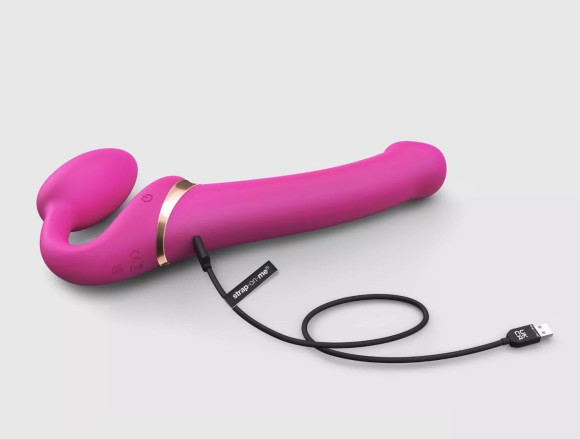 Ярко-розовый безремневой страпон Multi Orgasm Bendable Strap-On size XL с клиторальной стимуляцией