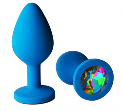Голубая анальная пробка с радужным кристаллом - 7 см.