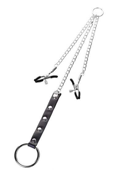 Серебристо-чёрные зажимы для сосков с кольцом для пениса TOYFA Metal Серебристо-чёрные зажимы для сосков с кольцом для пениса TOYFA Metal