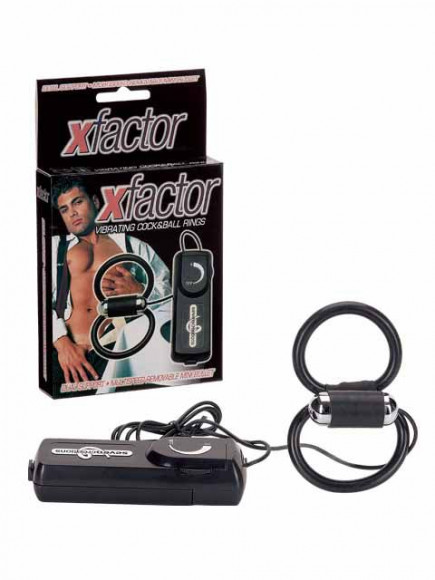 Чёрное эрекционное кольцо с подхватом мошонки и вибрацией X-FACTOR VIBRATING COCK & BALL RINGS