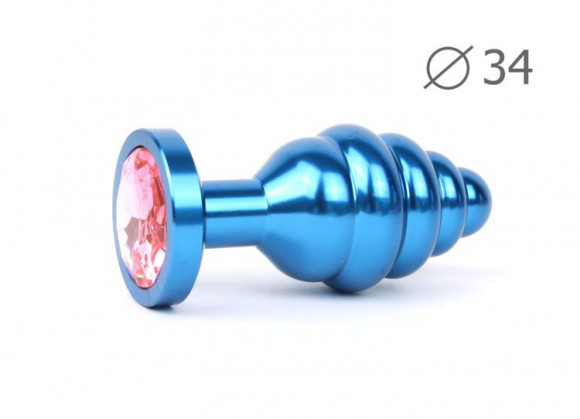 Коническая ребристая синяя анальная втулка с розовым кристаллом - 8 см. Коническая ребристая синяя анальная втулка с розовым кристаллом - 8 см.