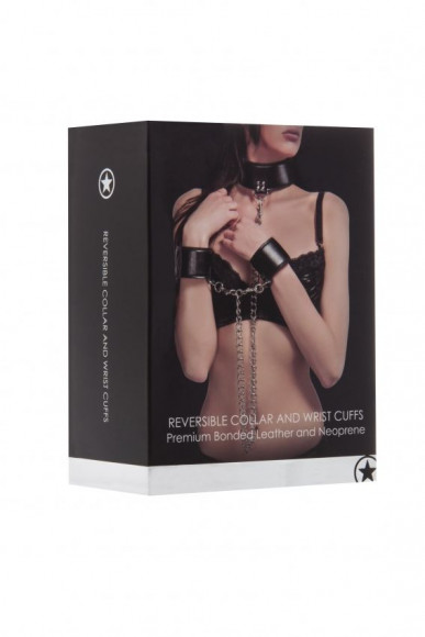 Чёрный двусторонний ошейник с наручниками Reversible Collar and Wrist Cuffs Чёрный двусторонний ошейник с наручниками Reversible Collar and Wrist Cuffs