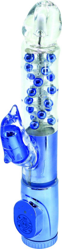 Синий вибратор с клиторальным стимулятором в виде дельфина - 17 см.