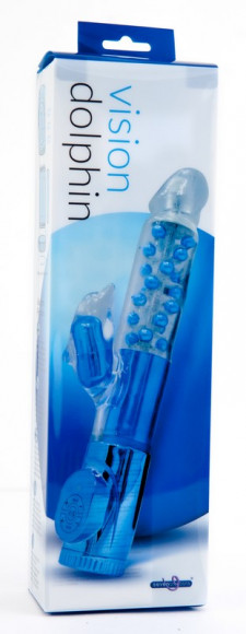 Синий вибратор с клиторальным стимулятором в виде дельфина - 17 см.