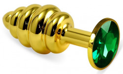 Золотистая ребристая анальная пробка с зеленым кристаллом - 7,5 см. 