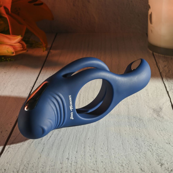 Синее эрекционное виброкольцо с двойным подхватом мошонки Ring Around The Rosy