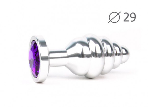 Коническая ребристая серебристая анальная втулка с кристаллом фиолетового цвета - 7,1 см. Коническая ребристая серебристая анальная втулка с кристаллом фиолетового цвета - 7,1 см.
