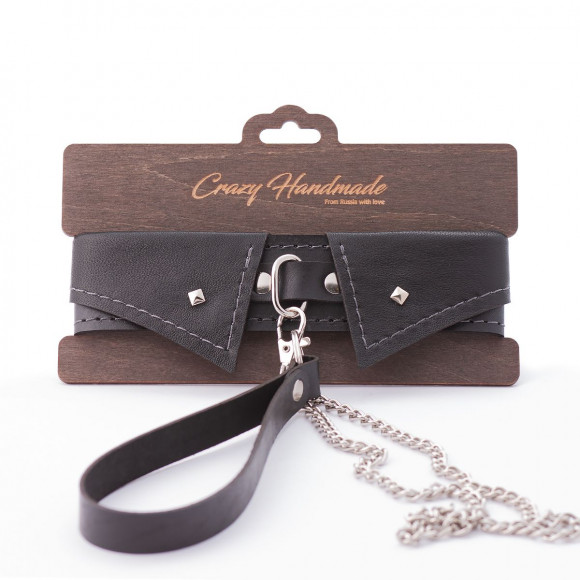 Черный ошейник-воротничок с металлическим поводком Черный ошейник-воротничок с металлическим поводком