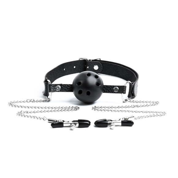 Черный кляп-шарик «Оки-Чпоки» с зажимами для сосков Черный кляп-шарик «Оки-Чпоки» с зажимами для сосков