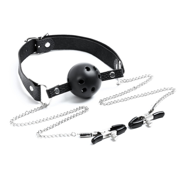 Черный кляп-шарик «Оки-Чпоки» с зажимами для сосков Черный кляп-шарик «Оки-Чпоки» с зажимами для сосков