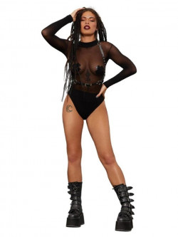 Черное боди-сетка с длинным рукавом