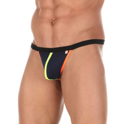 Темно-синие сексуальные трусы-стринги с оранжевой и салатовой окантовкой Темно-синие сексуальные трусы-стринги с оранжевой и салатовой окантовкой