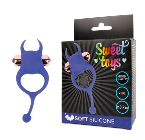 Синее эрекционное виброкольцо с рожками и хвостиком Синее эрекционное виброкольцо с рожками и хвостиком