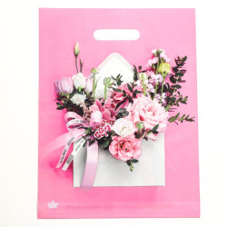 Розовый пакет с цветочным принтом и вырубной ручкой (40х31 см) Розовый пакет с цветочным принтом и вырубной ручкой (40х31 см)