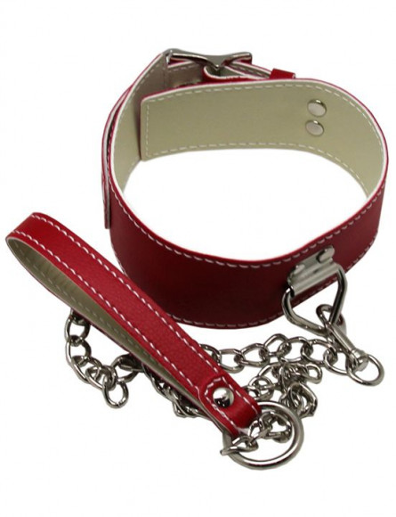 Красный ошейник с металлическим поводком и замочком