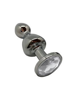 Серебристая анальная втулка Wooomy Lollypop M с прозрачным кристаллом - 9,4 см.