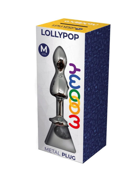 Серебристая анальная втулка Wooomy Lollypop M с прозрачным кристаллом - 9,4 см.