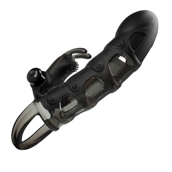 Черная закрытая насадка с подхватом мошонки и стимулятором клитора - 19,2 см. Черная закрытая насадка с подхватом мошонки и стимулятором клитора - 19,2 см.