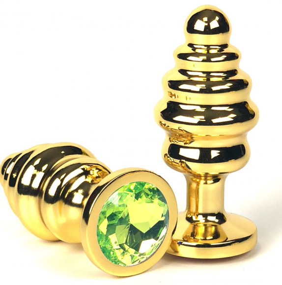 Золотистая ребристая анальная пробка с лаймовым кристаллом - 7 см. Золотистая ребристая анальная пробка с лаймовым кристаллом - 7 см.