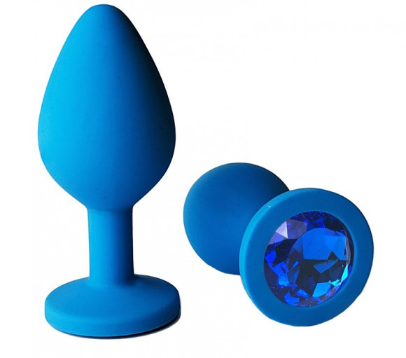 Голубая анальная пробка с синим кристаллом - 8 см.