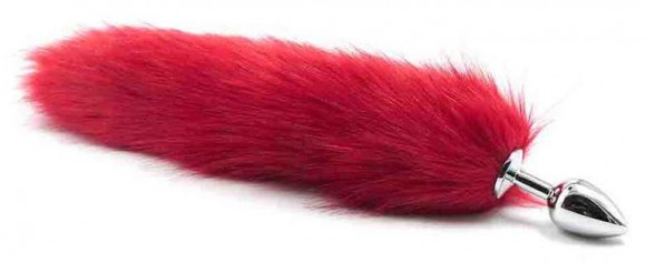Серебристая анальная пробка с длинным красным хвостиком Серебристая анальная пробка с длинным красным хвостиком
