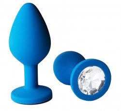 Голубая анальная пробка с прозрачным кристаллом - 8 см.