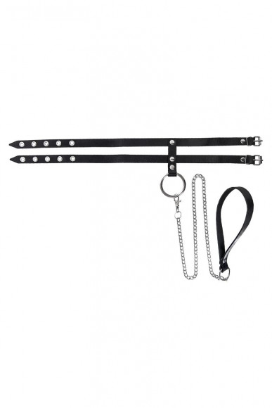 Черный ошейник из двух ремешков с поводком Черный ошейник из двух ремешков с поводком