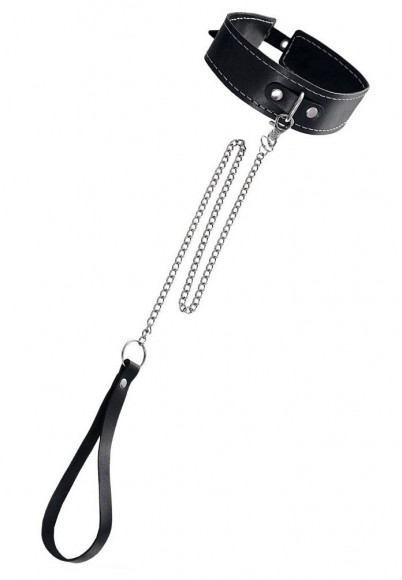 Черный кожаный ошейник-чокер с поводком Черный кожаный ошейник-чокер с поводком