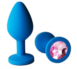 Голубая анальная пробка с нежно-розовым кристаллом - 8 см.