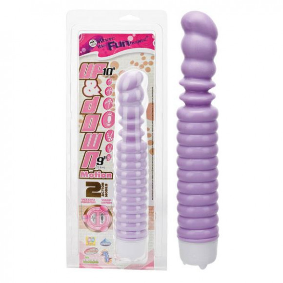Фиолетовый ребристый вибратор с возвратно-поступательными движениями - 22,9 см.
