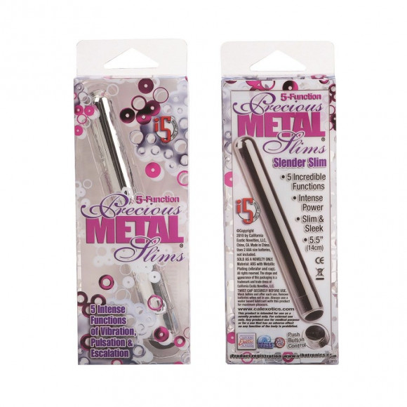 Серебристый тонкий вибромассажёр 5-FUNCTION PRECIOUS METAL SLIMS SILVER - 14 см.